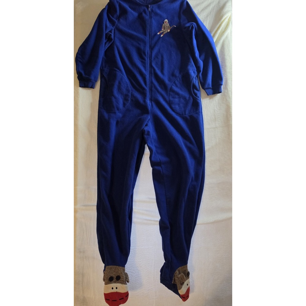 Nick & Nora Sock Monkey Footed Pajamas Women L Blue Fleece Union Suit